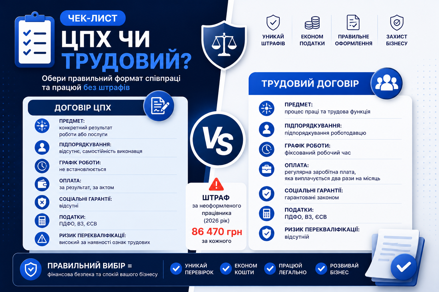 Чекліст «ЦПД vs трудовий договір»: як оформити співпрацю без штрафів