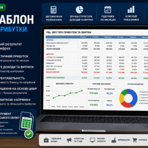 Слайда рекламного матеріалу: ноутбук з таблицею фінансових результатів та текстом про прибутки й збитки на фоні синього дизайну.